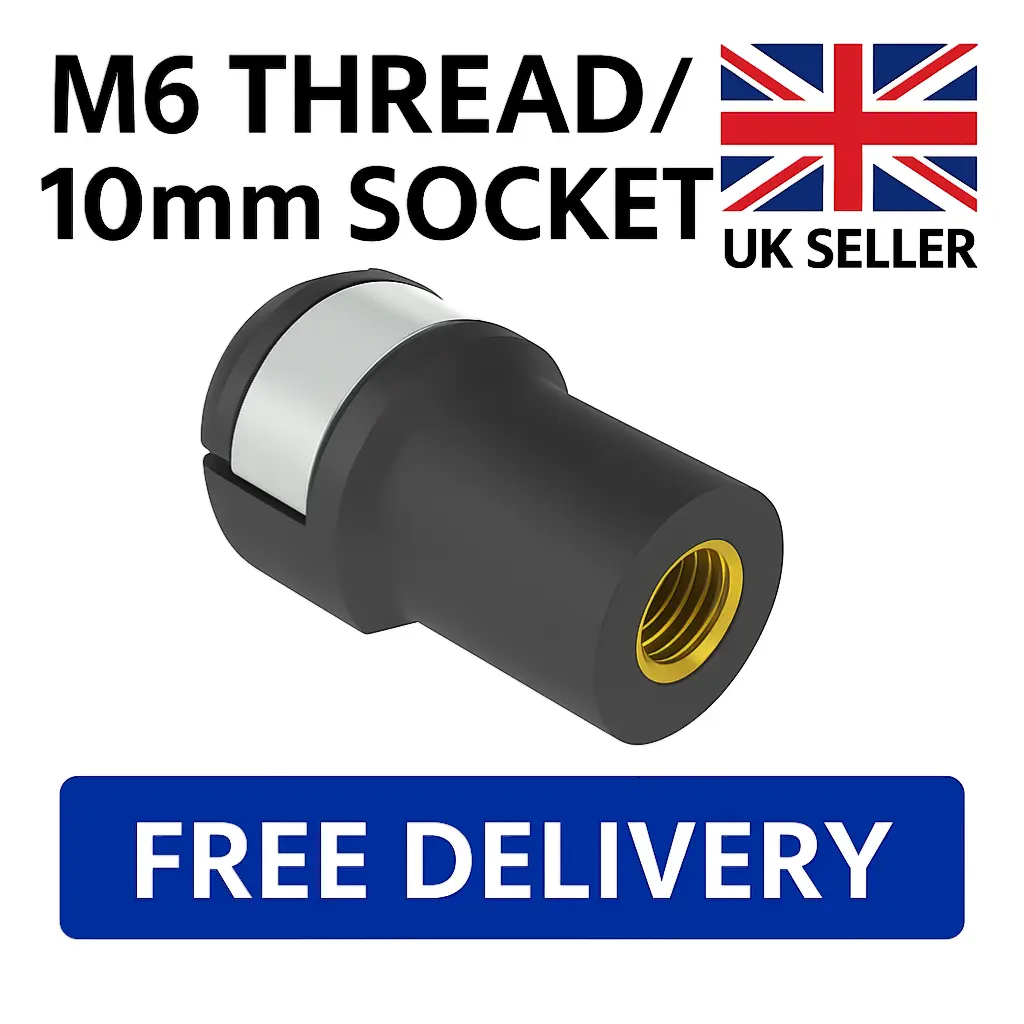 SpringFixUk M6 gas strut end fitting with 10mm ball socket and brass insert. Black plastic.