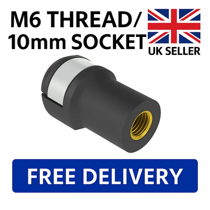SpringFixUk M6 gas strut end fitting with 10mm ball socket and brass insert. Black plastic.