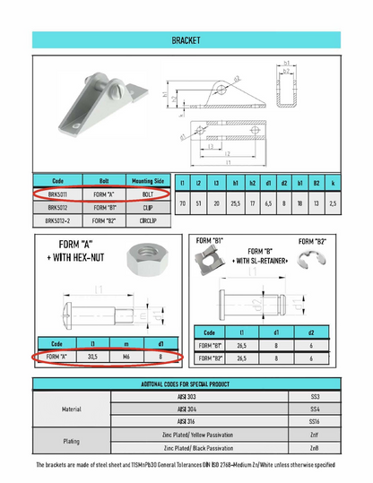 SpringFixUk zinc-plated steel M6 gas strut pivot hinge bracket, side mount, bolt type.
