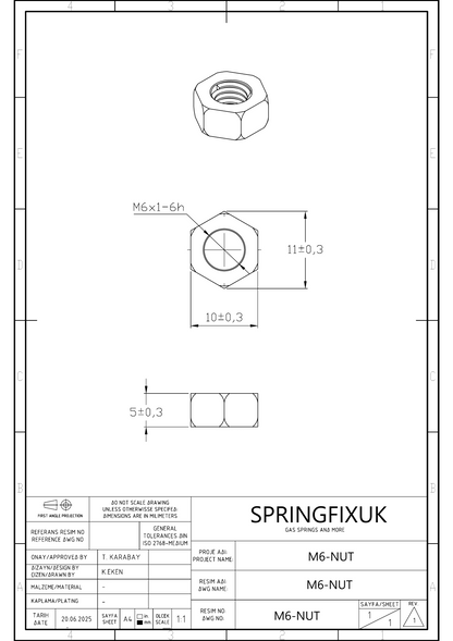 SpringFixUk M6 A2 stainless steel hex nut, DIN 934 standard, corrosion resistant, for general fastening and repairs.