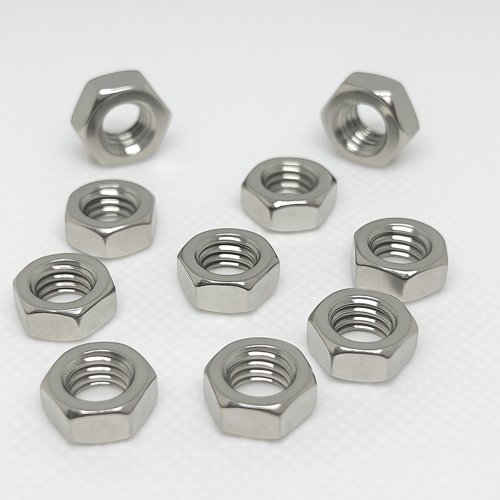 SpringFixUk M6 A2 stainless steel hex nuts, DIN 934 standard, corrosion resistant, ideal for automotive and general fastening.