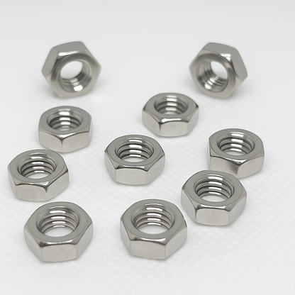 SpringFixUk M6 A2 stainless steel hex nuts, DIN 934 standard, corrosion resistant, ideal for automotive and general fastening.