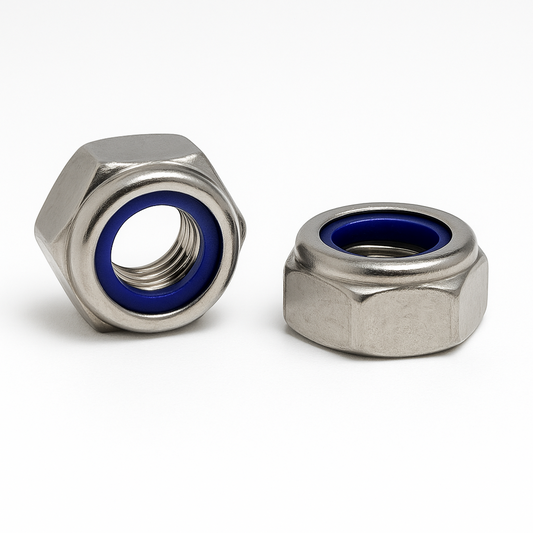 SpringFixUk M6 A2 stainless steel nyloc lock nuts with blue nylon insert, DIN 985 standard.