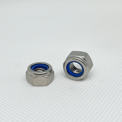 SpringFixUk M6 A2 stainless steel nyloc lock nuts with blue nylon insert, DIN 985 standard, sold in packs of 10.