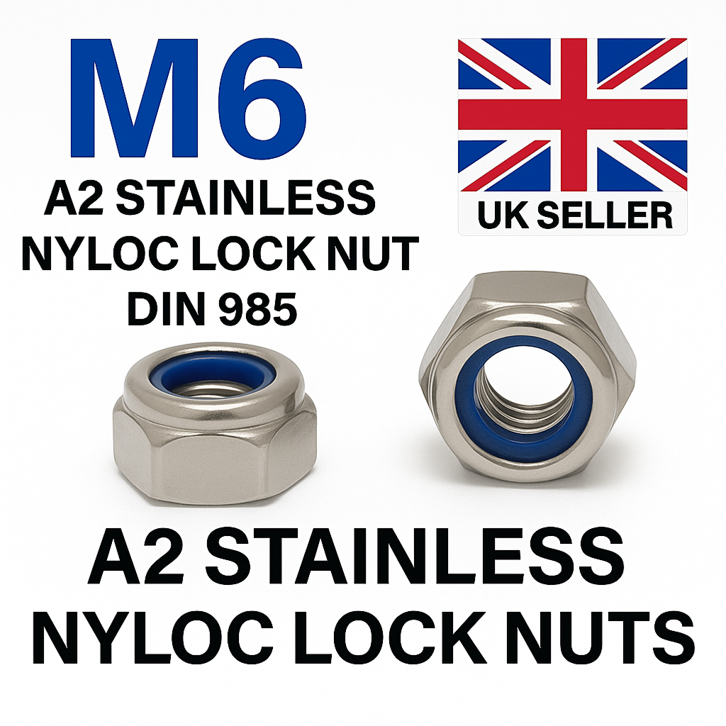 SpringFixUk M6 A2 stainless steel nyloc lock nuts with blue nylon insert, DIN 985 standard.