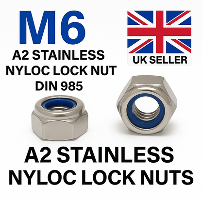 SpringFixUk M6 A2 stainless steel nyloc lock nuts with blue nylon insert, DIN 985 standard.
