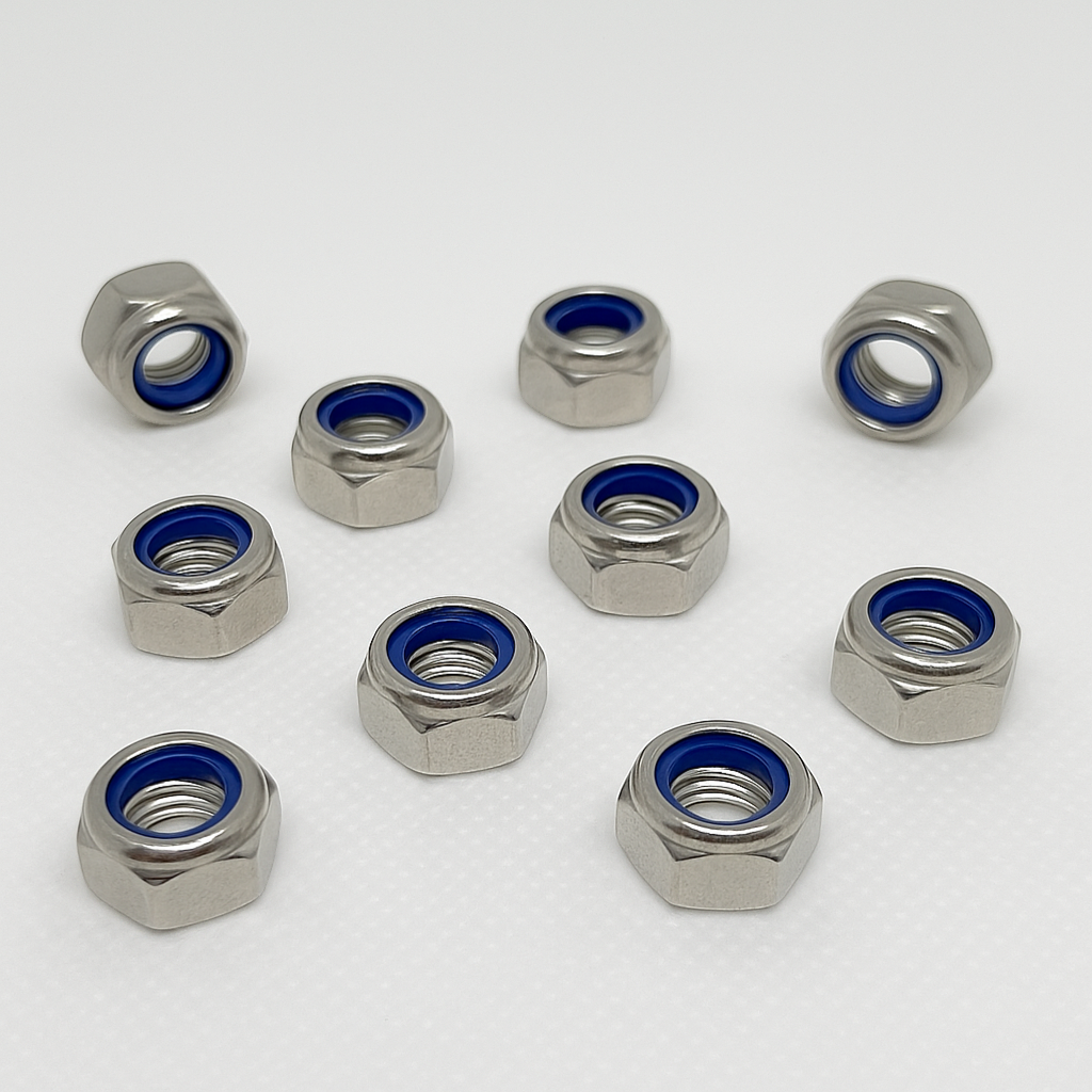 SpringFixUk 10x M6 A2 stainless steel nyloc lock nuts with blue nylon insert, DIN 985 standard.