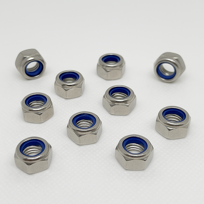 SpringFixUk 10x M6 A2 stainless steel nyloc lock nuts with blue nylon insert, DIN 985 standard.