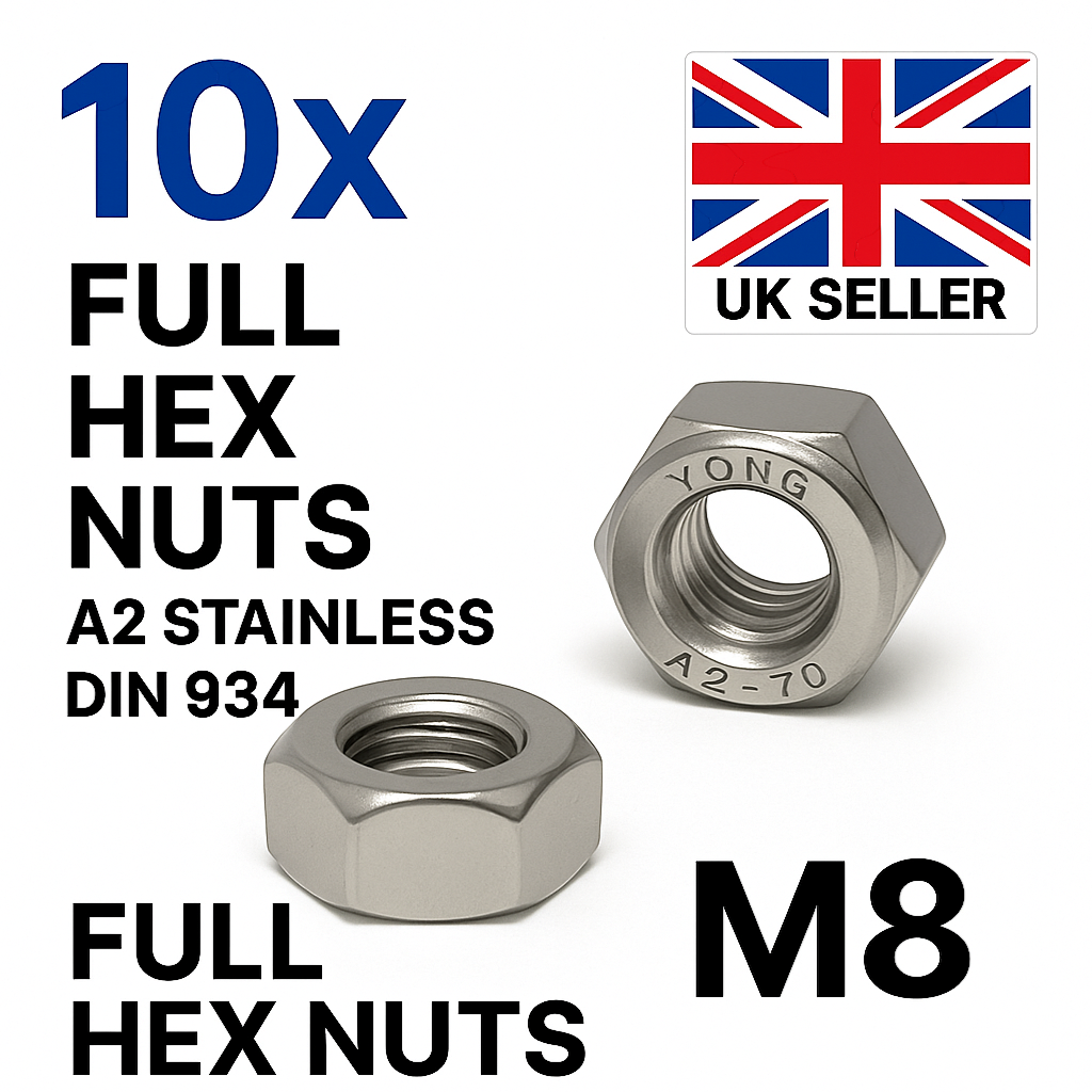 SpringFixUk 10x M8 A2 stainless steel hex nuts DIN 934, corrosion-resistant, ideal for DIY and outdoor use.