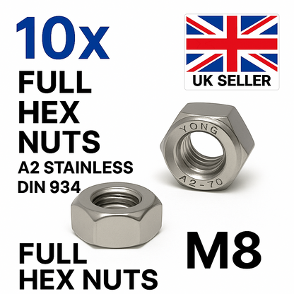 SpringFixUk 10x M8 A2 stainless steel hex nuts DIN 934, corrosion-resistant, ideal for DIY and outdoor use.