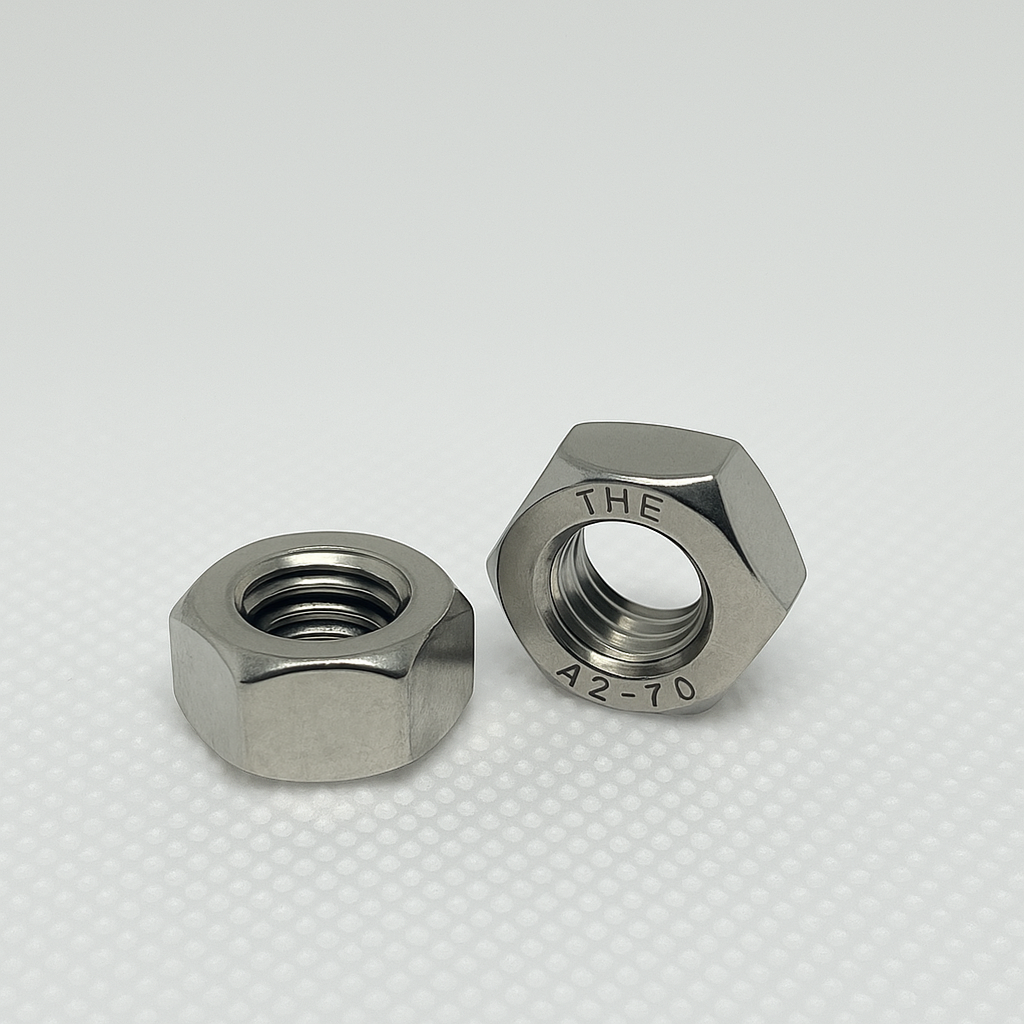 SpringFixUk M8 A2 stainless steel hex nuts, DIN 934 standard, corrosion-resistant, ideal for DIY and machinery.