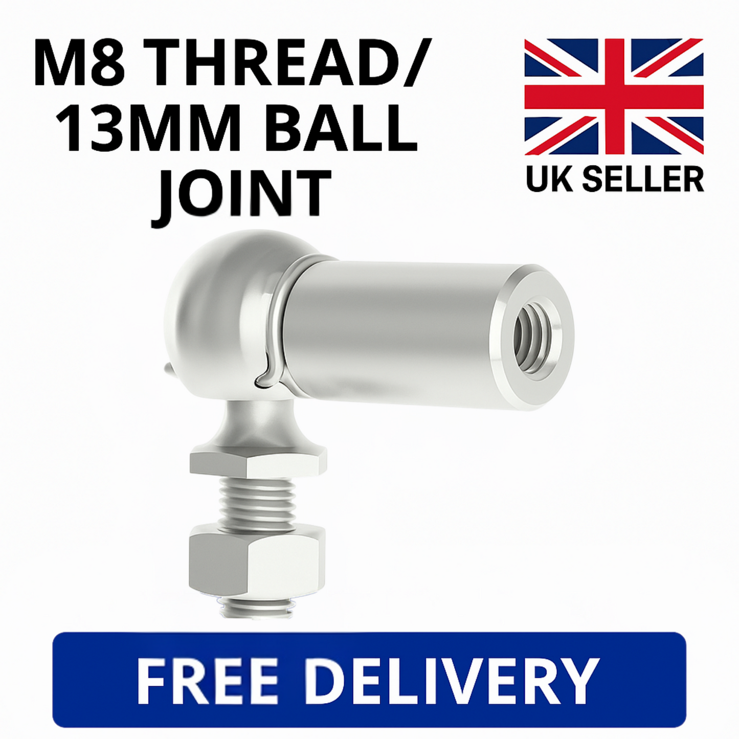 SpringFixUk M8 zinc plated steel gas strut ball joint end fitting with 13mm ball and locking nut.