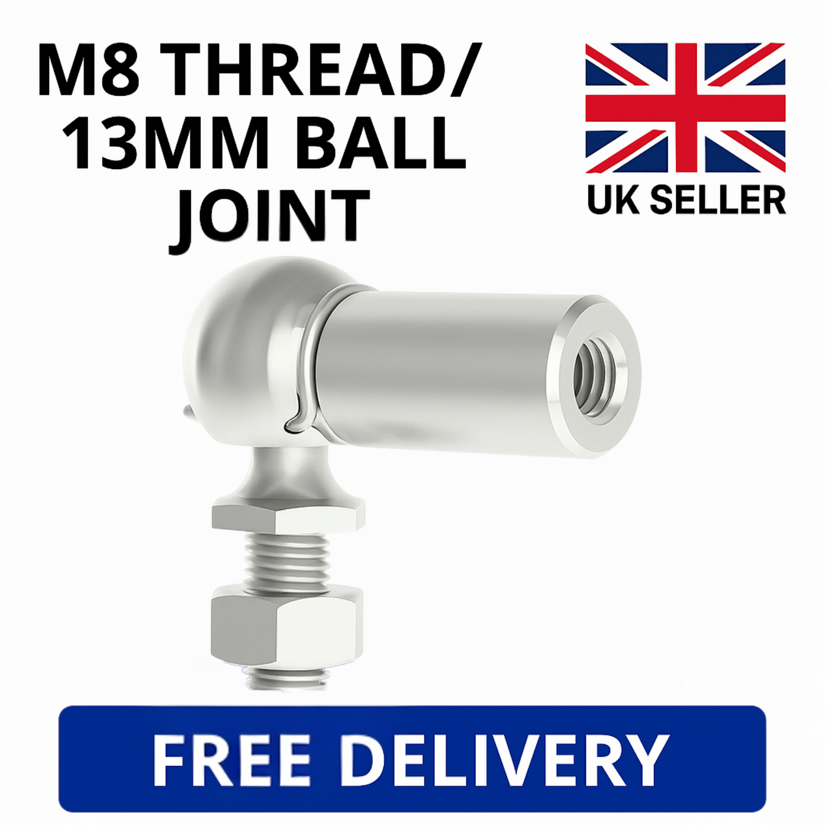SpringFixUk M8 zinc plated steel gas strut ball joint end fitting with 13mm ball and locking nut.