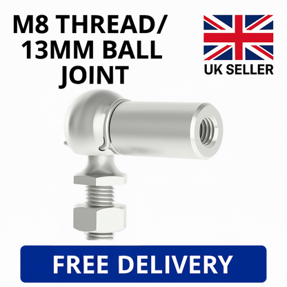 SpringFixUk M8 zinc plated steel gas strut ball joint end fitting with 13mm ball and locking nut.