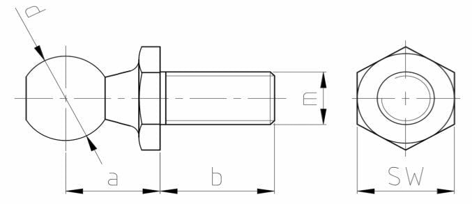 SpringFixUk M8 zinc plated steel ball stud bolt with 13mm ball for gas struts. Technical drawing.