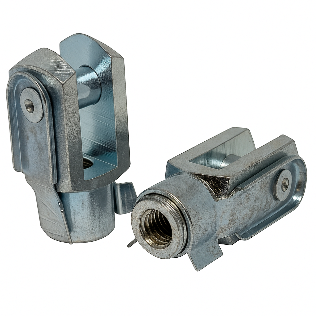 SpringFixUk 2x M8 zinc plated steel clevis fork ends with spring clips, DIN 71752 standard.