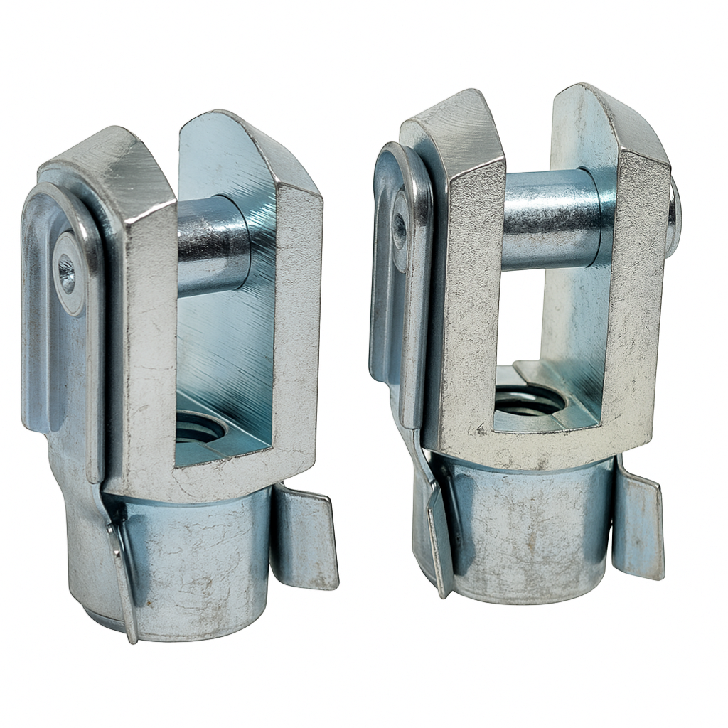 SpringFixUk M8 gas strut clevis fork ends, zinc plated steel with blue passivation and spring clip. DIN 71752 standard.