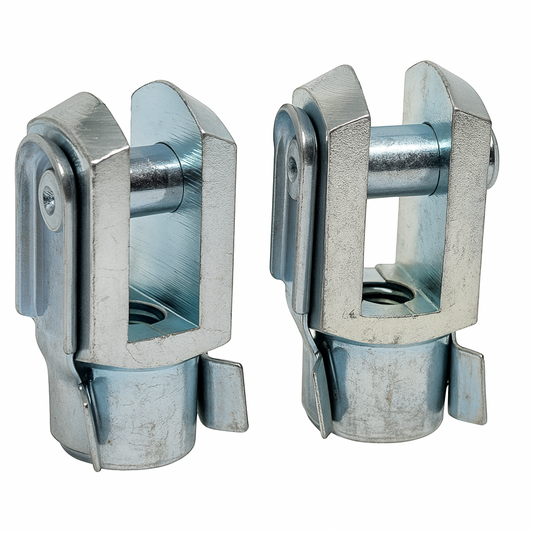 SpringFixUk M8 gas strut clevis fork ends, zinc plated steel with blue passivation and spring clip. DIN 71752 standard.