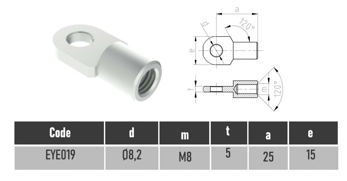 SpringFixUk M8 female thread zinc-plated steel gas strut eye end fitting with 8mm hole and 120-degree angle.