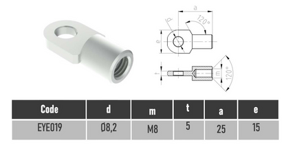 SpringFixUk M8 female thread zinc-plated steel gas strut eye end fitting with 8mm hole and 120-degree angle.
