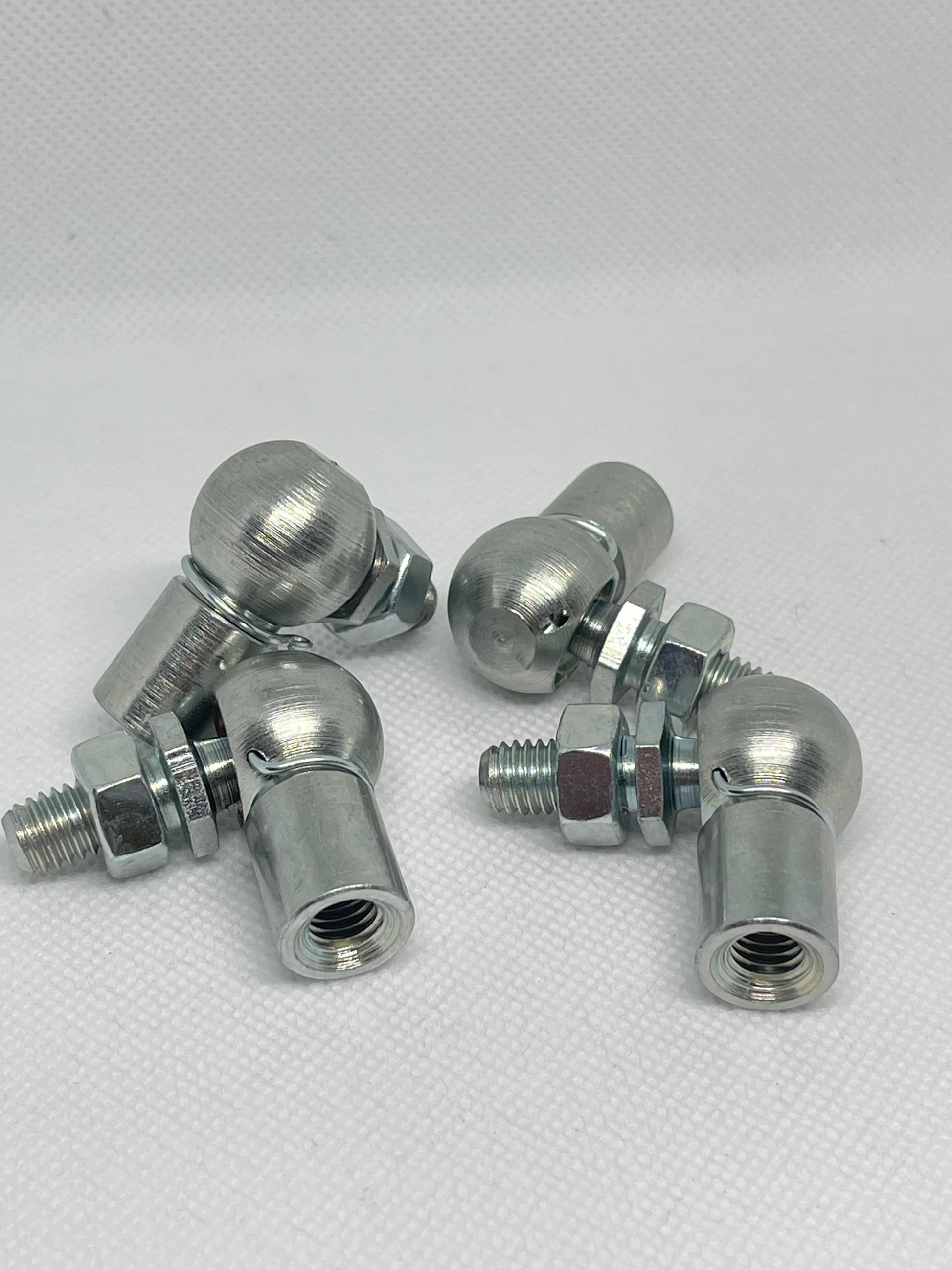 SpringFixUk M8 zinc plated steel ball joint end fittings with 13mm ball and locking nuts, DIN 71802 compliant.