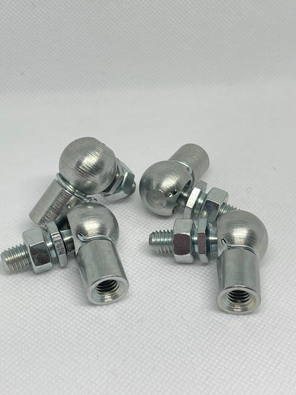 SpringFixUk M8 zinc plated steel ball joint end fittings with 13mm ball and locking nuts, DIN 71802 compliant.
