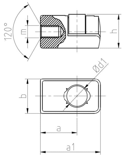 SpringFixUk M8 gas strut end fitting with 10mm ball socket and brass insert, technical drawing.