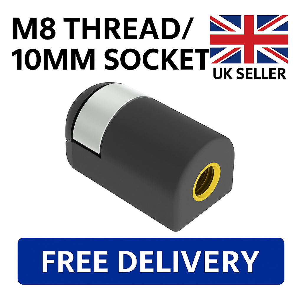 SpringFixUk M8 gas strut end fitting with 10mm ball socket and brass insert, black plastic.