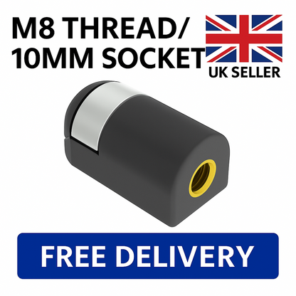 SpringFixUk M8 gas strut end fitting with 10mm ball socket and brass insert, black plastic.