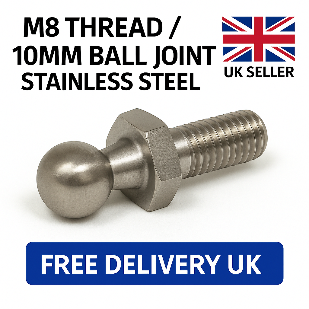 SpringFixUk M8 stainless steel gas strut ball stud bolt with a 10mm ball, ideal for automotive and marine use.