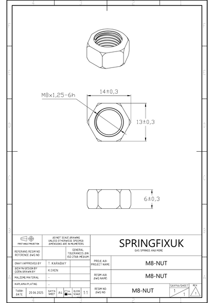 SpringFixUk M8 A2 stainless steel hex nut, DIN 934 standard, corrosion-resistant, ideal for machinery and outdoor use.