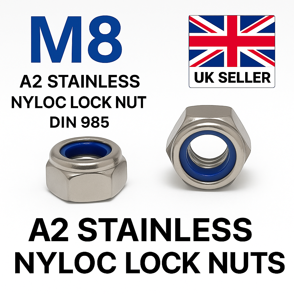 SpringFixUk M8 A2 stainless steel nyloc lock nuts with blue nylon insert, DIN 985 standard, pack of 10.