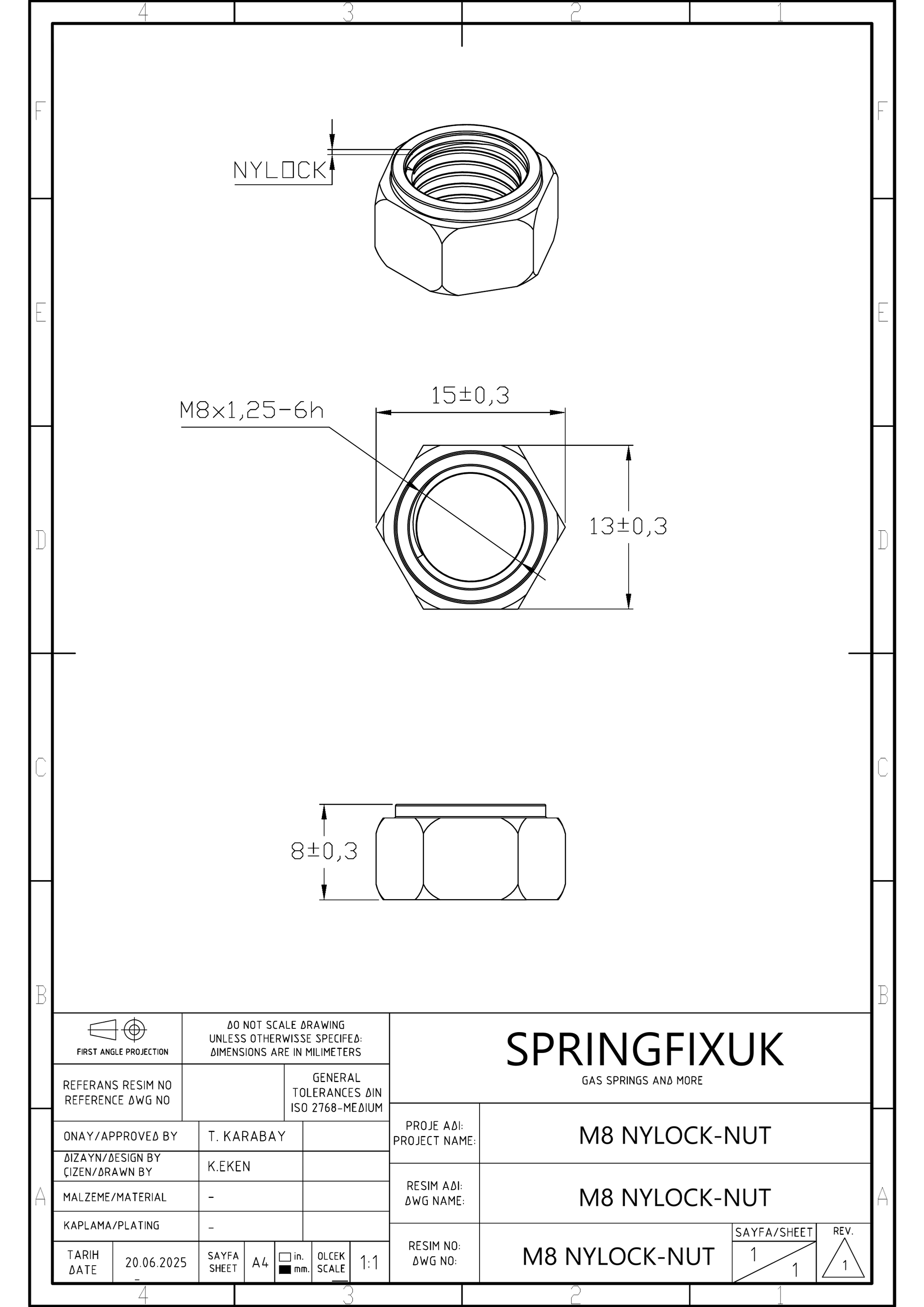 SpringFixUk M8 x 1.25 A2 stainless steel nyloc lock nut with nylon insert, DIN 985 standard.