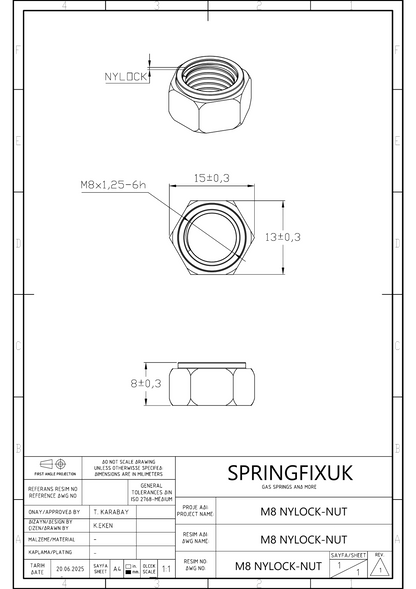 SpringFixUk M8 x 1.25 A2 stainless steel nyloc lock nut with nylon insert, DIN 985 standard.