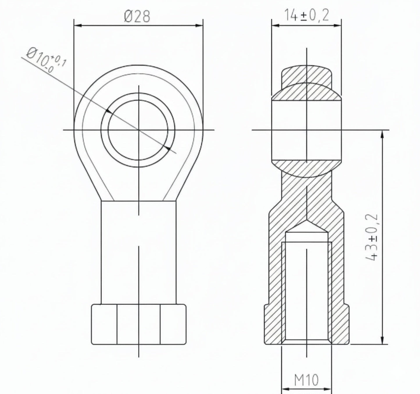 SpringFixUK PHS10 M10 female rod end bearing with 10mm bore and right-hand thread. Technical drawing.