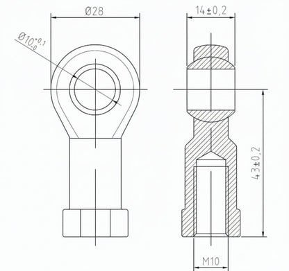 SpringFixUK PHS10 M10 female rod end bearing with 10mm bore and right-hand thread. Technical drawing.