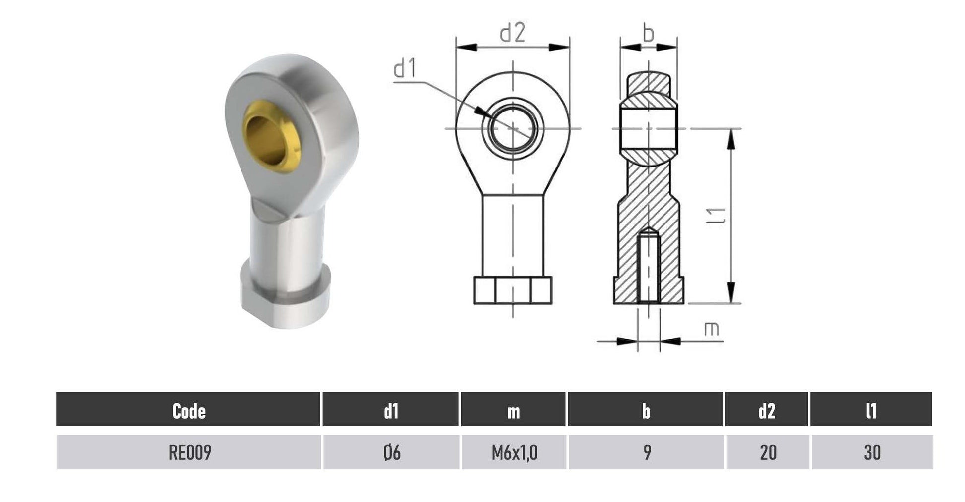 SpringFixUk PHS6 M6 female rod end bearing with 6mm bore, steel construction, and brass inner race. Technical drawing shows dimensions.