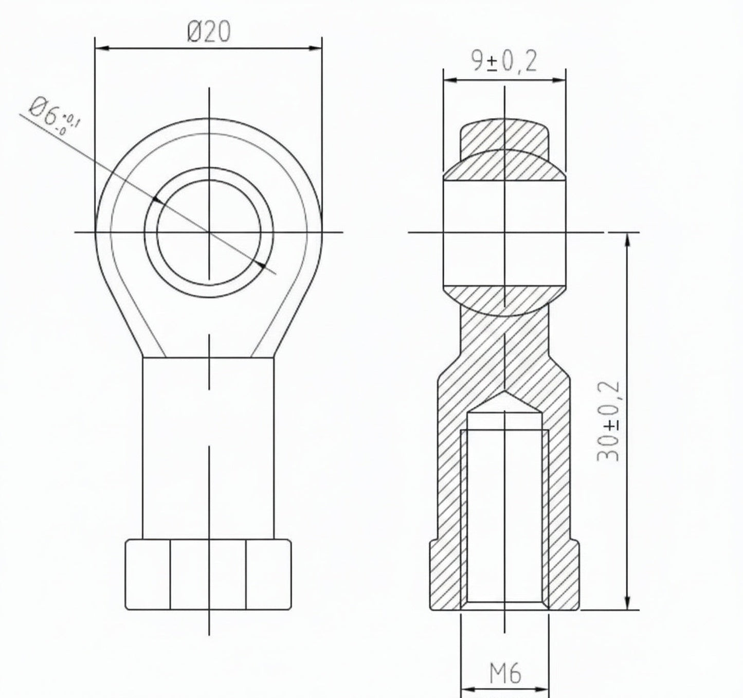 SpringFixUk PHS6 M6 female rod end bearing with 6mm bore and right-hand thread, technical drawing.
