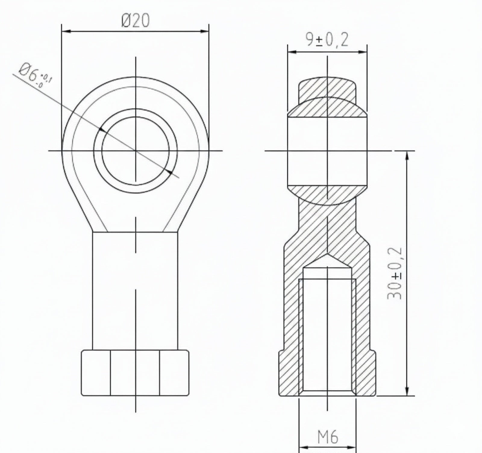 SpringFixUk PHS6 M6 female rod end bearing with 6mm bore and right-hand thread, technical drawing.