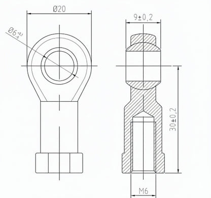 SpringFixUk PHS6 M6 female rod end bearing with 6mm bore and right-hand thread, technical drawing.