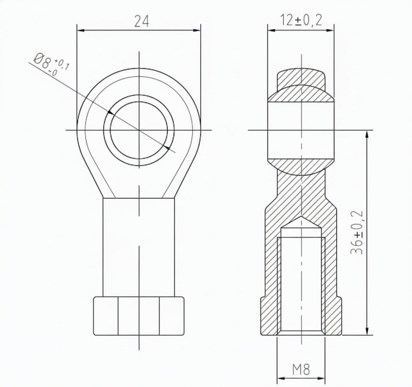 SpringFixUK PHS8 M8 female rod end bearing with 8mm bore, steel construction, for mechanical linkages and gas struts.