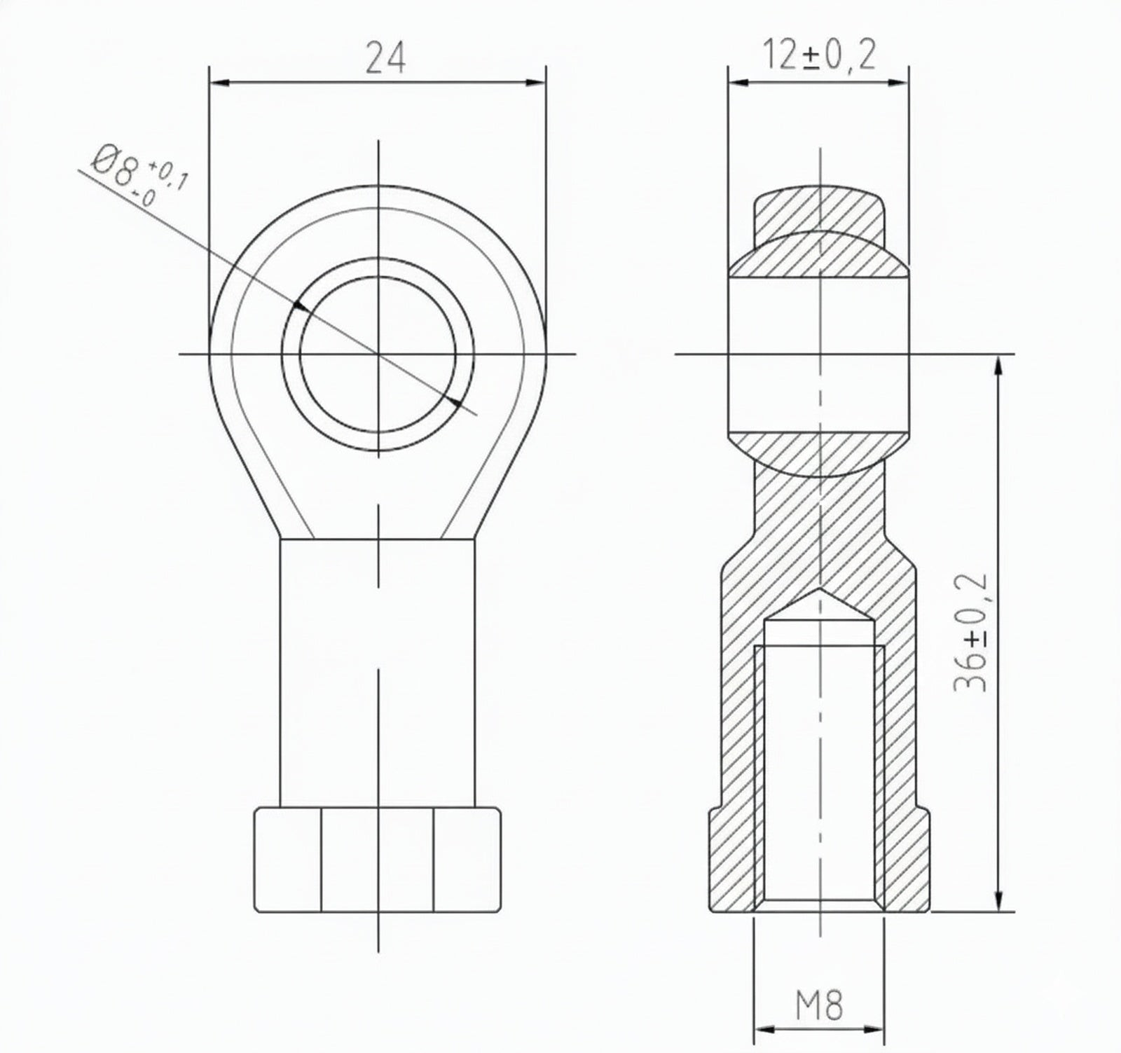SpringFixUK PHS8 M8 female rod end bearing with 8mm bore, steel construction, for mechanical linkages and gas struts.