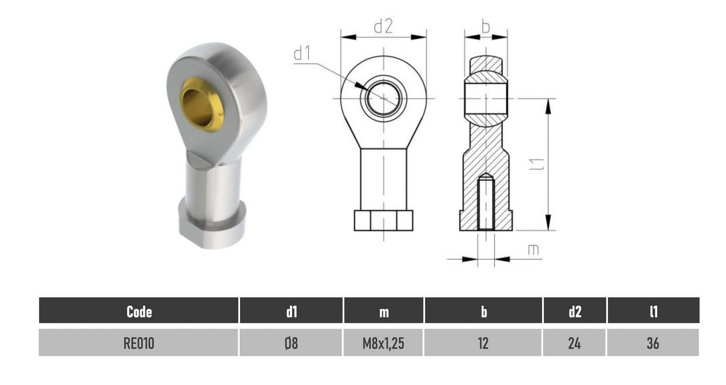 SpringFixUK PHS8 M8 female rod end bearing with 8mm bore and right-hand thread, made of steel.