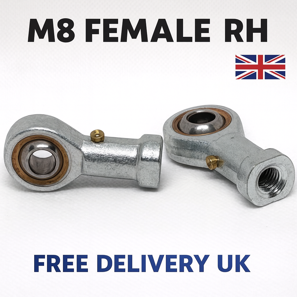 SpringFixUK pair of silver M8 female rod end bearings with 8mm bore and right-hand thread for mechanical linkages.