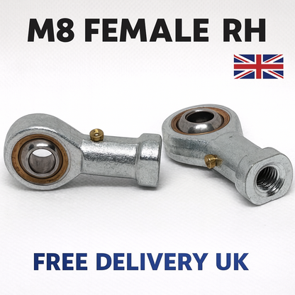 SpringFixUK pair of silver M8 female rod end bearings with 8mm bore and right-hand thread for mechanical linkages.
