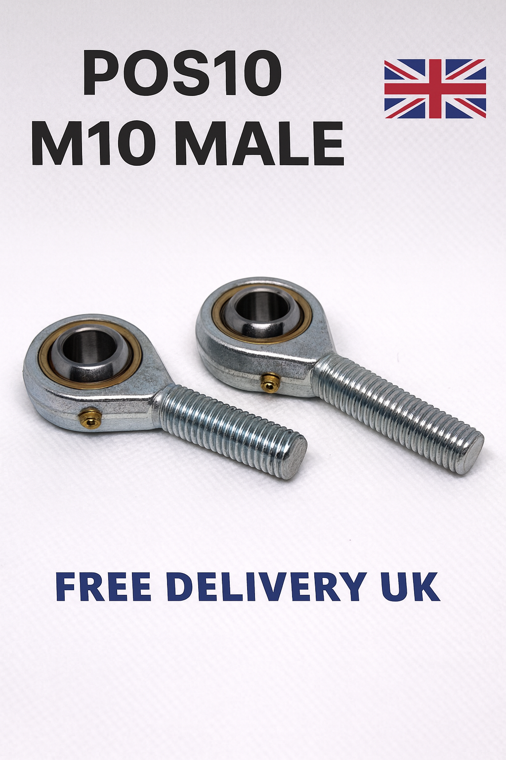 SpringFixUk POS10 M10 male rod end bearings, 10mm bore, heavy duty steel with zinc-plated finish.