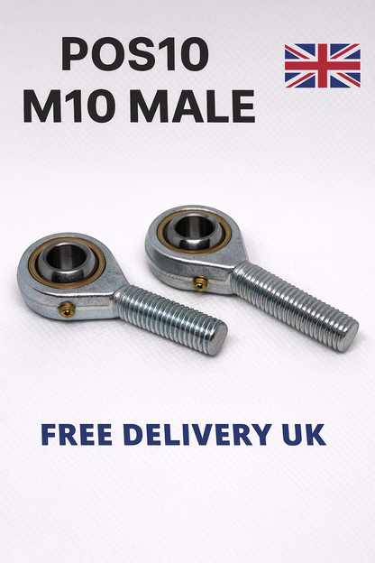 SpringFixUk POS10 M10 male rod end bearings, 10mm bore, heavy duty steel with zinc-plated finish.