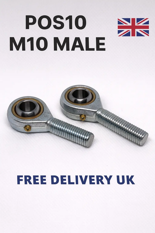 SpringFixUk POS10 M10 male rod end bearings, 10mm bore, heavy duty steel with zinc-plated finish.