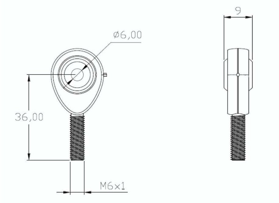 SpringFixUk POS6 M6 male rod end bearing with 6mm bore and right-hand thread, steel construction.