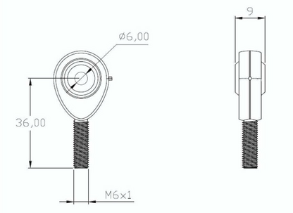 SpringFixUk POS6 M6 male rod end bearing with 6mm bore and right-hand thread, steel construction.